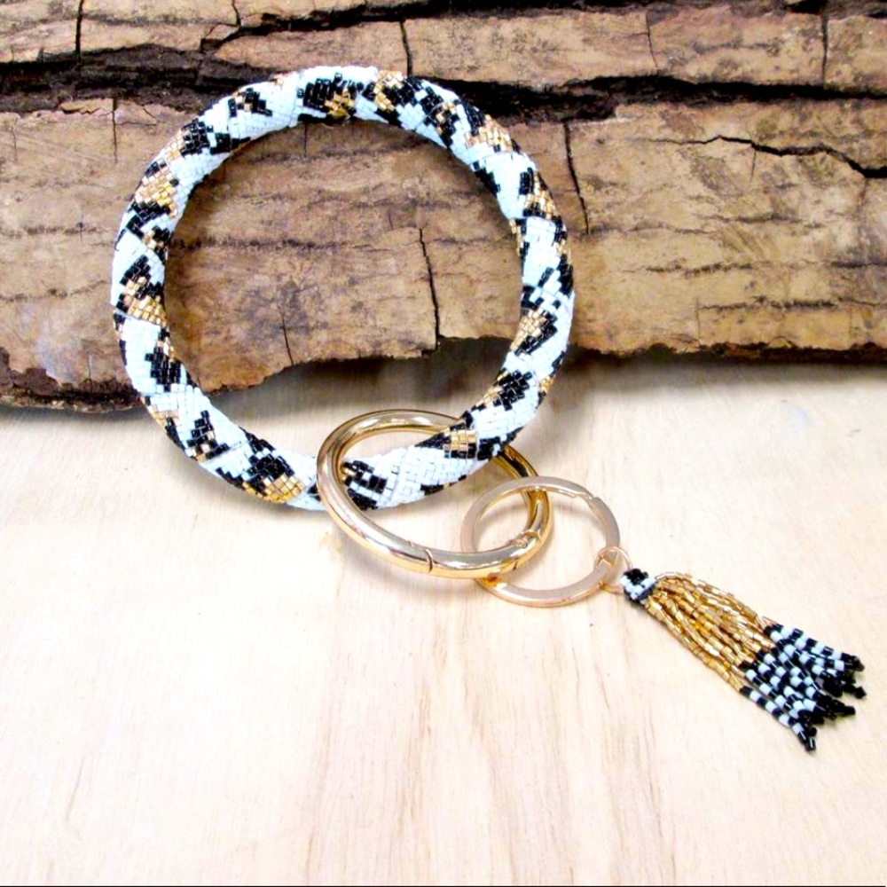 Frosty White Gold Jungle Print Bead Bangle Bracelet With Key Ring Tassel Holder